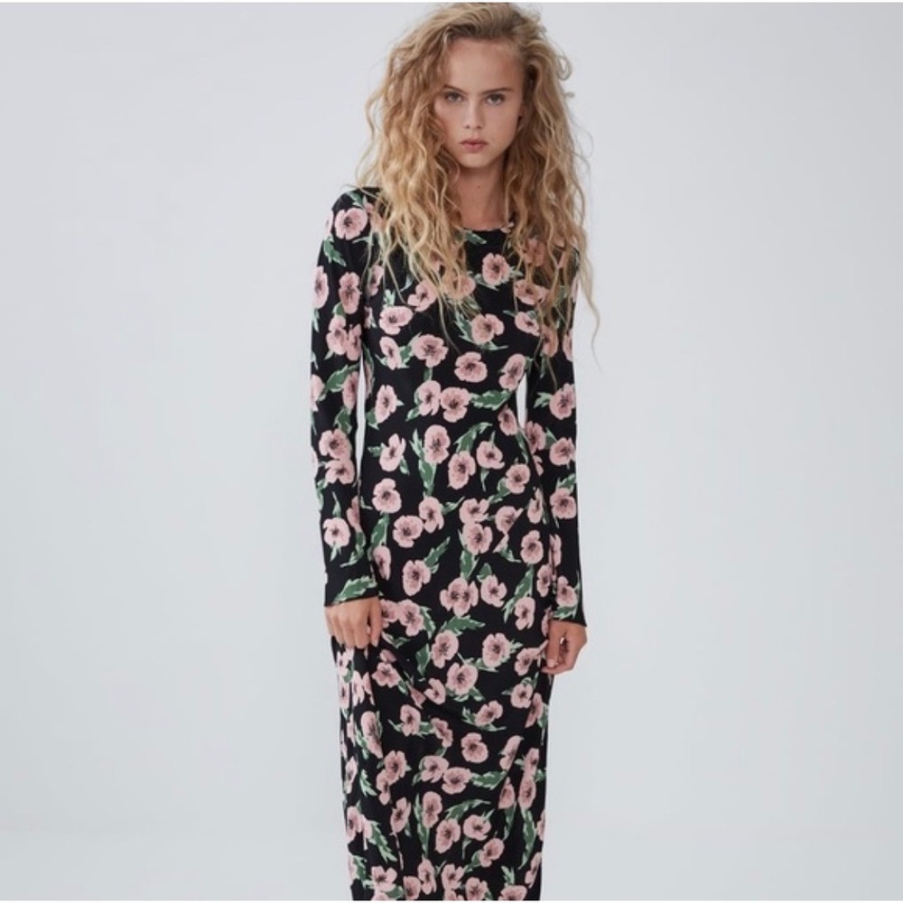 Zara Floral Poppy Print Long Sleeve Midi Dress Black Pink Size Medium